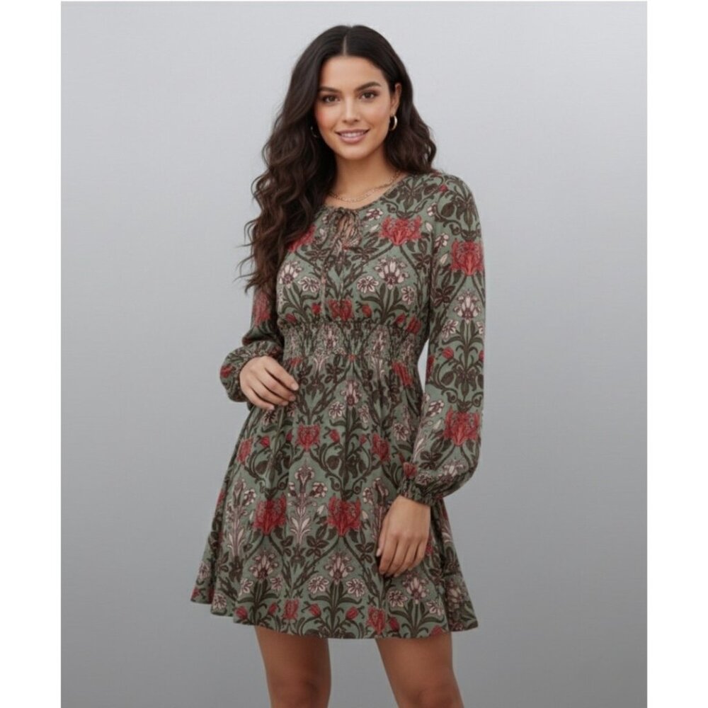 Boho Floral Print Tie Neck Lantern Sleeve Dress
